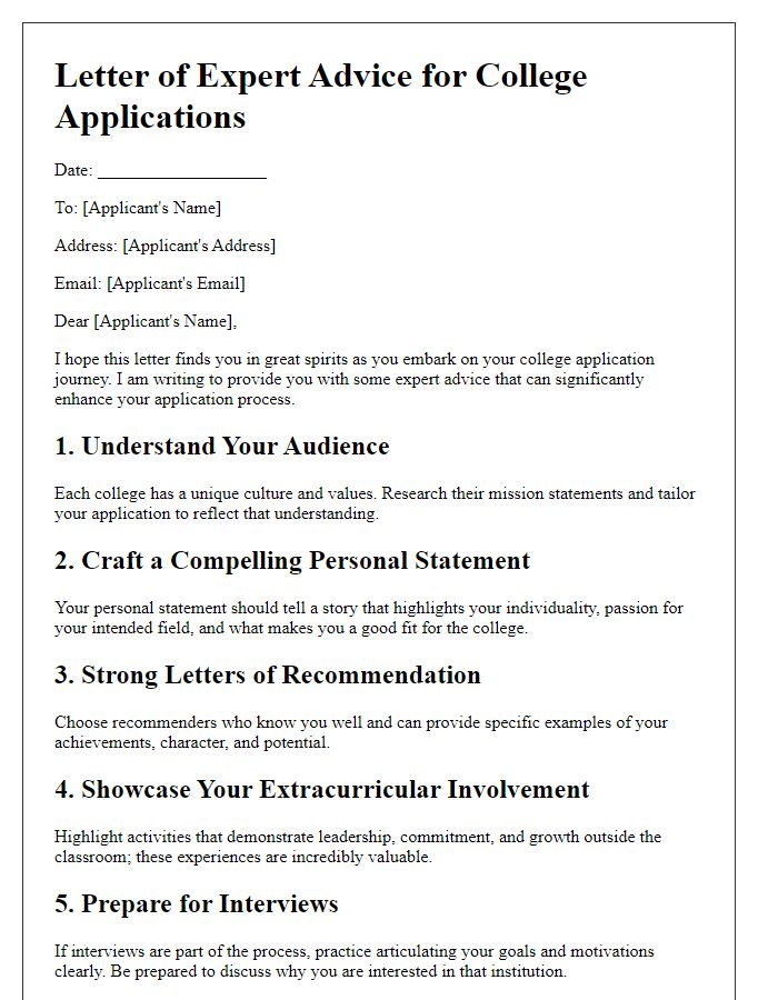 Letter template of expert advice for effective college applications