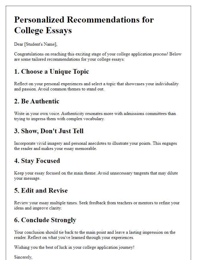 Letter template of tailored recommendations for college essays