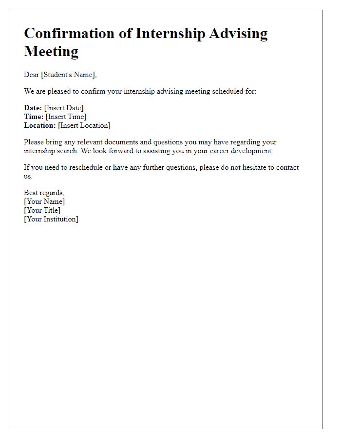 Letter template of confirmation for an internship advising meeting