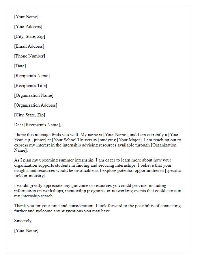 Letter template of expressing interest in internship advising resources