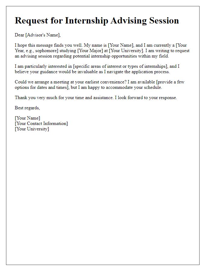 Letter template of request for an internship advising session