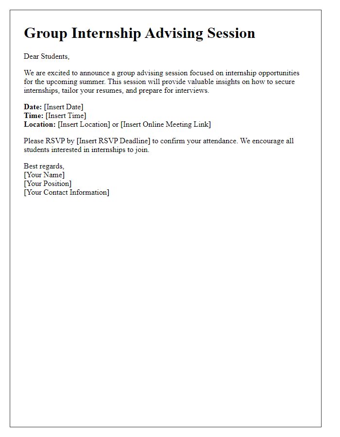 Letter template of scheduling a group internship advising session