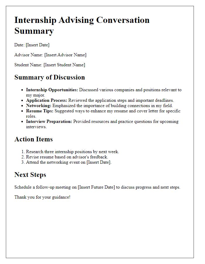 Letter template of summarizing an internship advising conversation