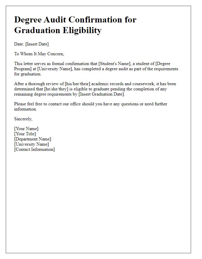 Letter template of degree audit confirmation for graduation eligibility