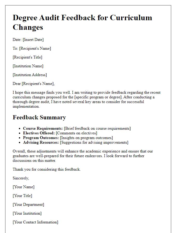 Letter template of degree audit feedback for curriculum changes