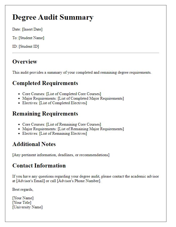 Letter template of degree audit summary for student review