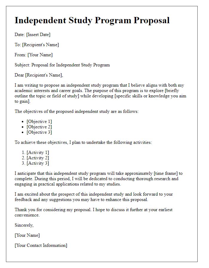 Letter template of independent study program proposal