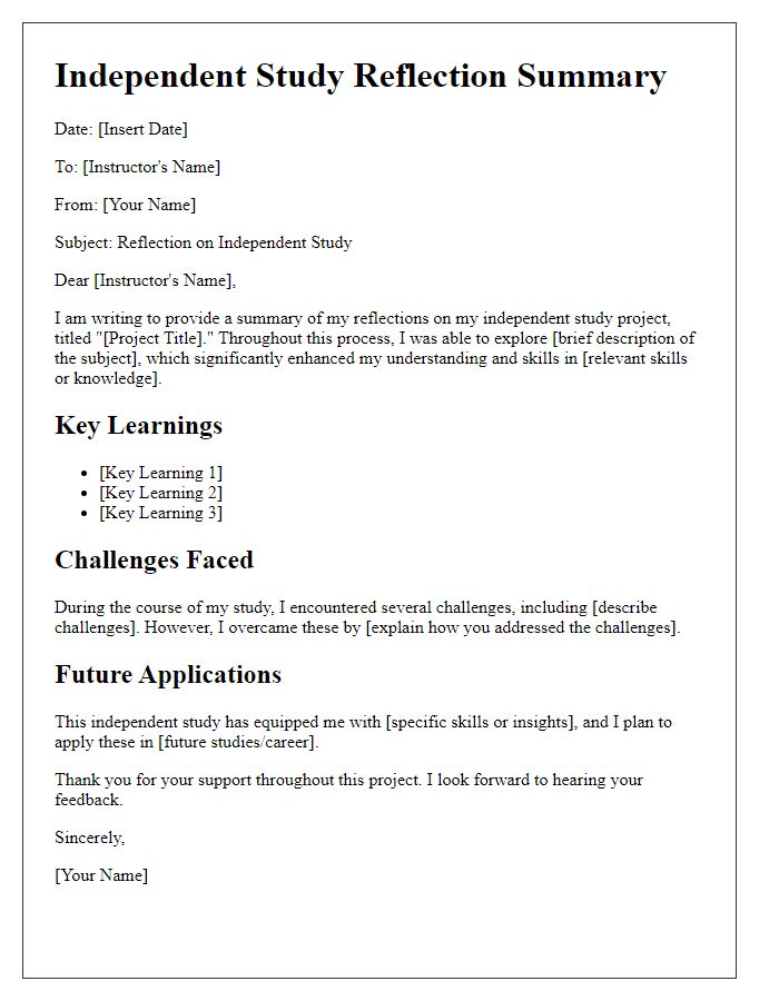 Letter template of independent study reflection summary