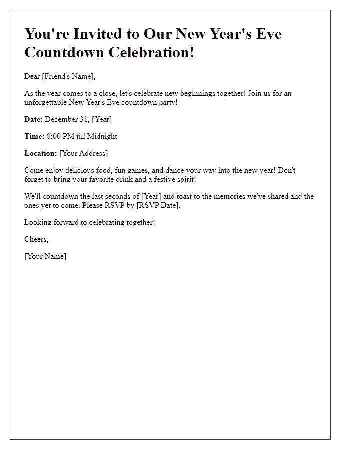 Letter template of a countdown celebration New Year's Eve invitation