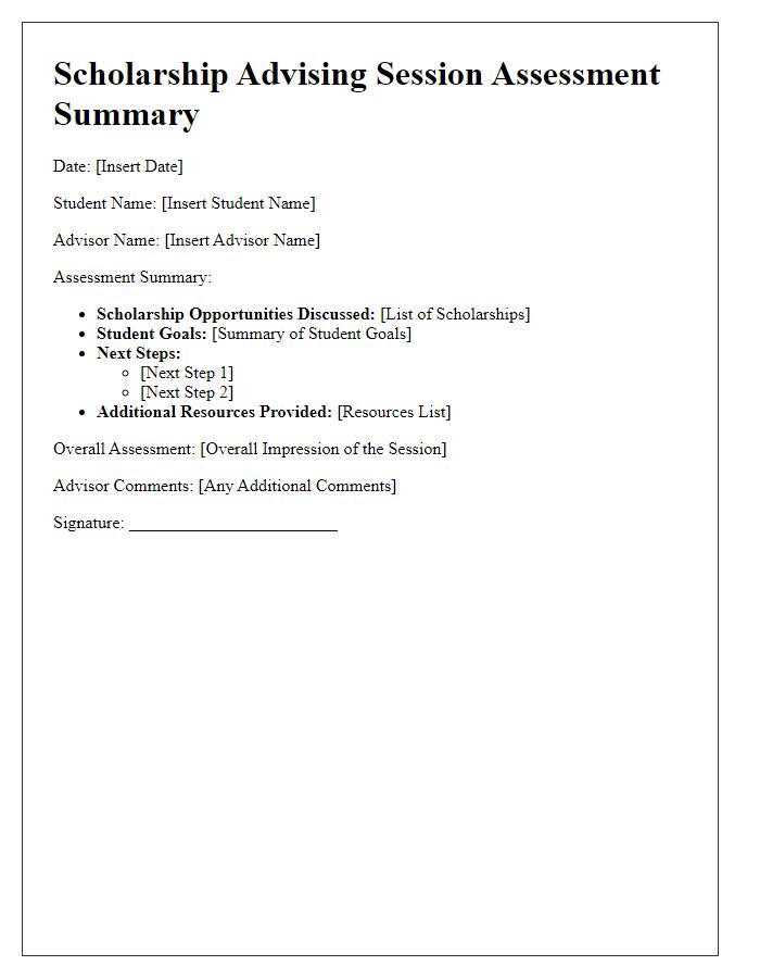 Letter template of scholarship advising session assessment summary.