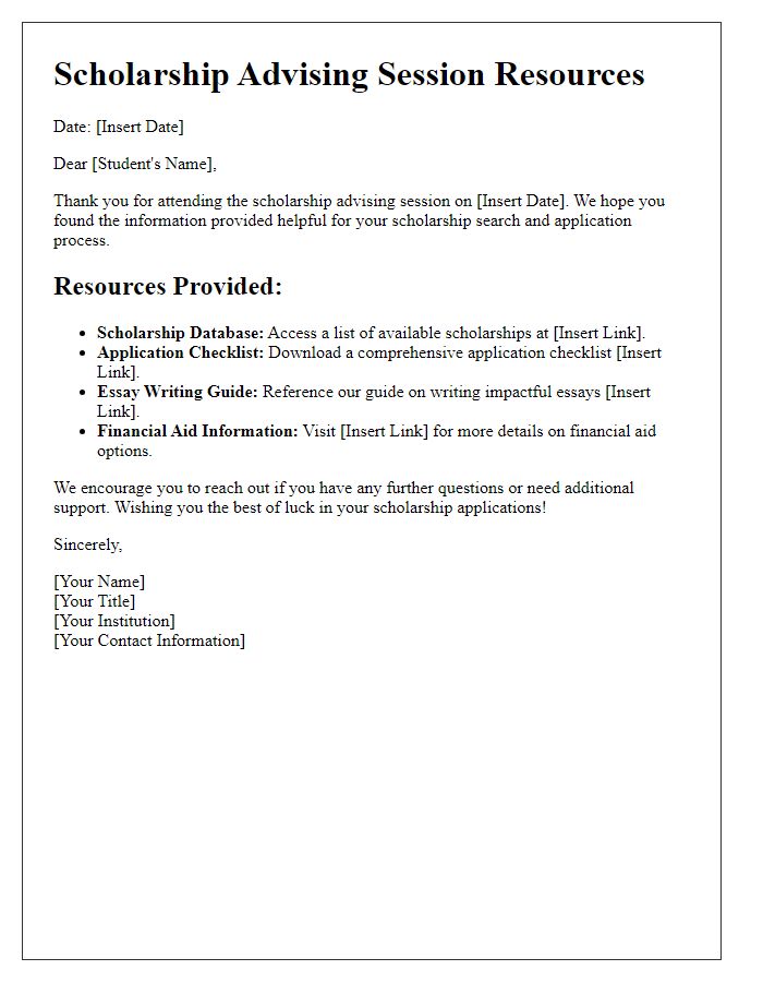 Letter template of scholarship advising session resources provided.