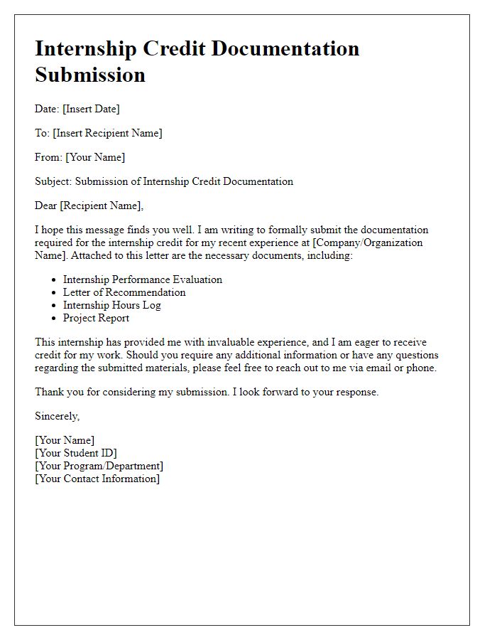 Letter template of internship credit documentation submission