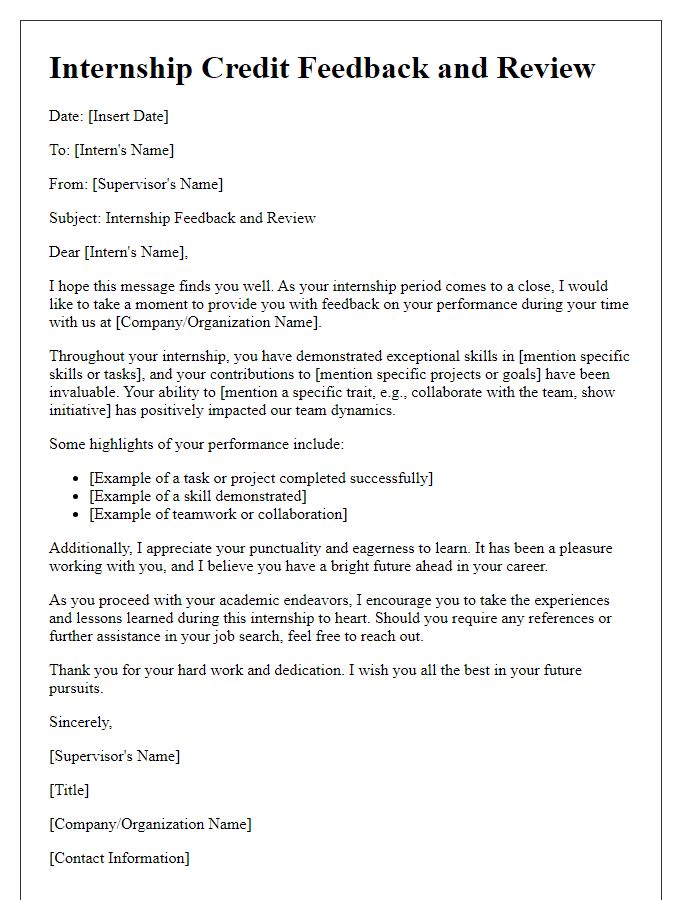 Letter template of internship credit feedback and review