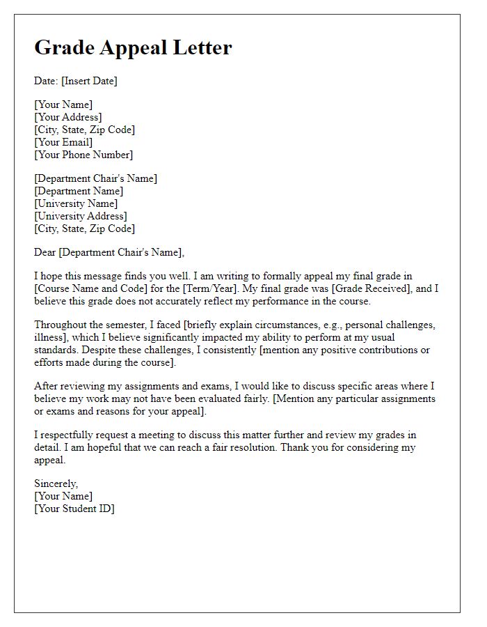 Letter template of academic grade appeal to department chair.