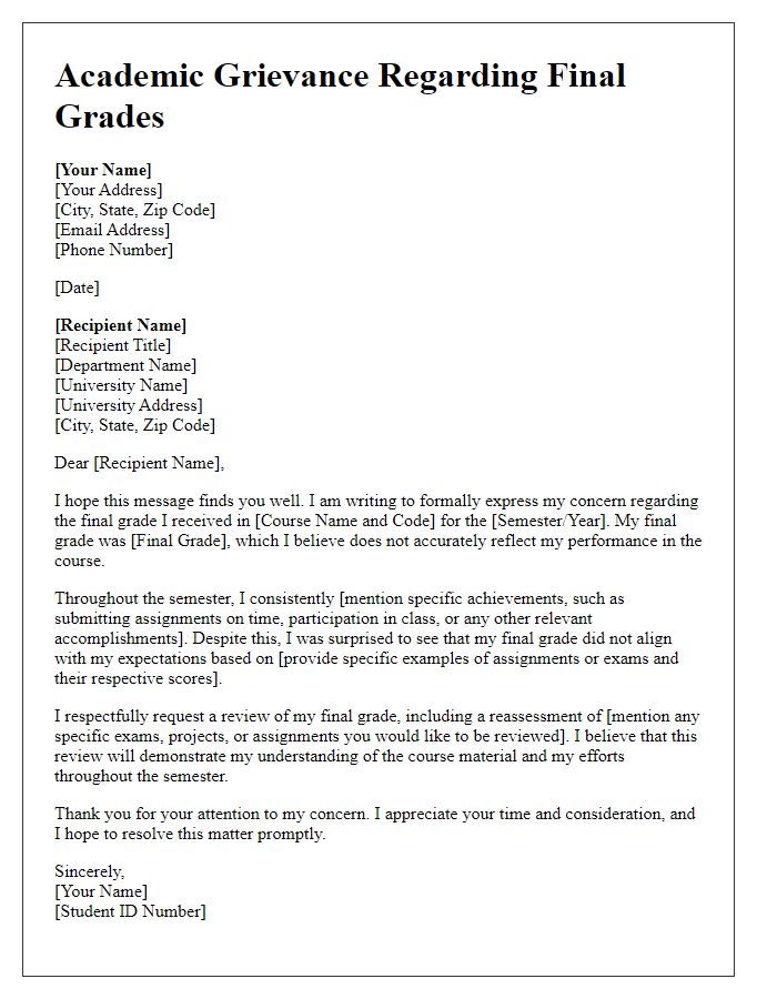 Letter template of academic grievance regarding final grades.