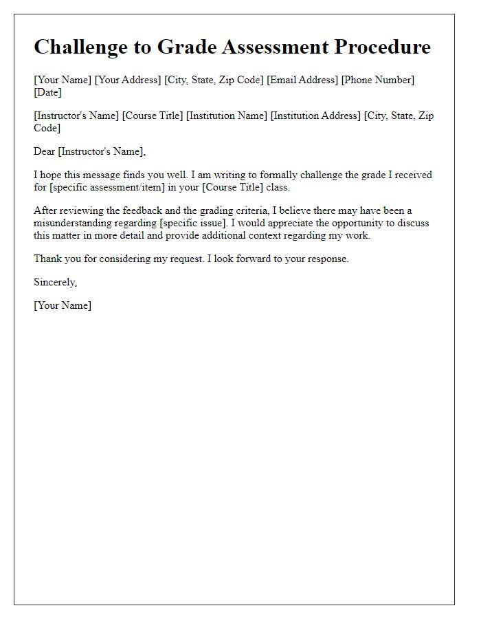 Letter template of challenge to grade assessment procedure.