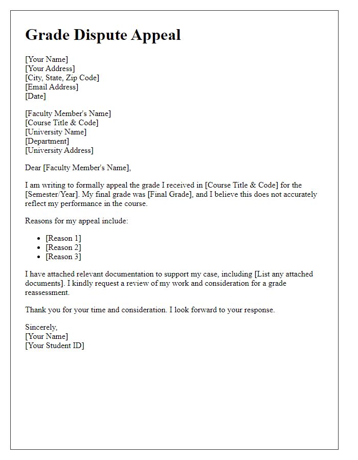 Letter template of grade dispute appeal to faculty.