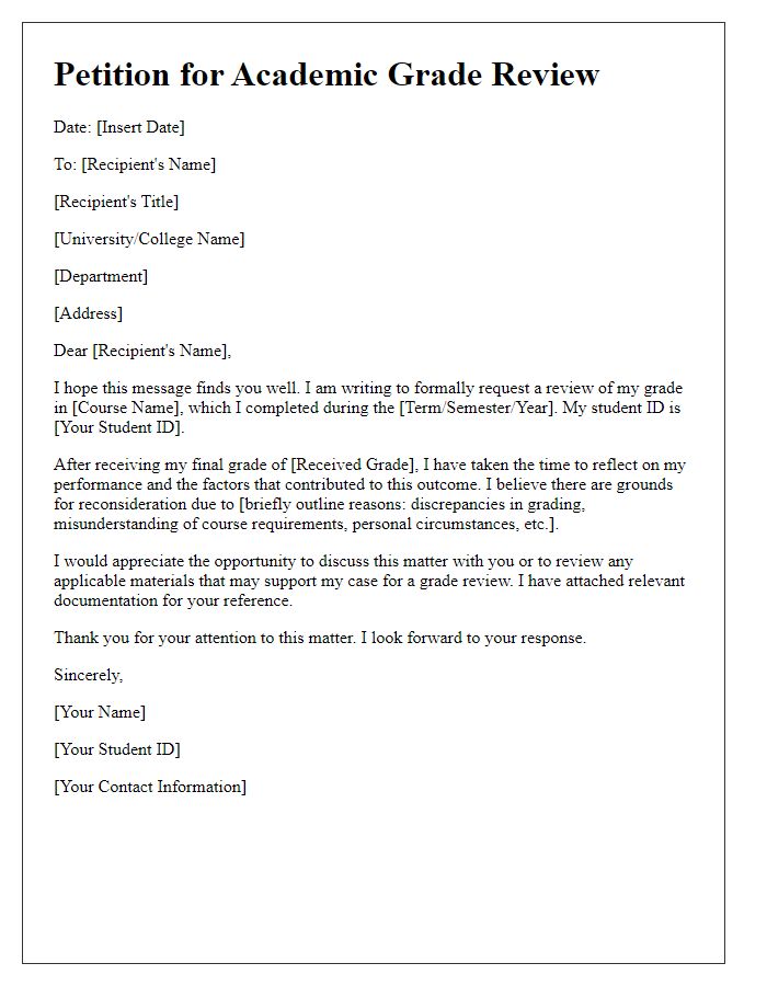 Letter template of petition for academic grade review.