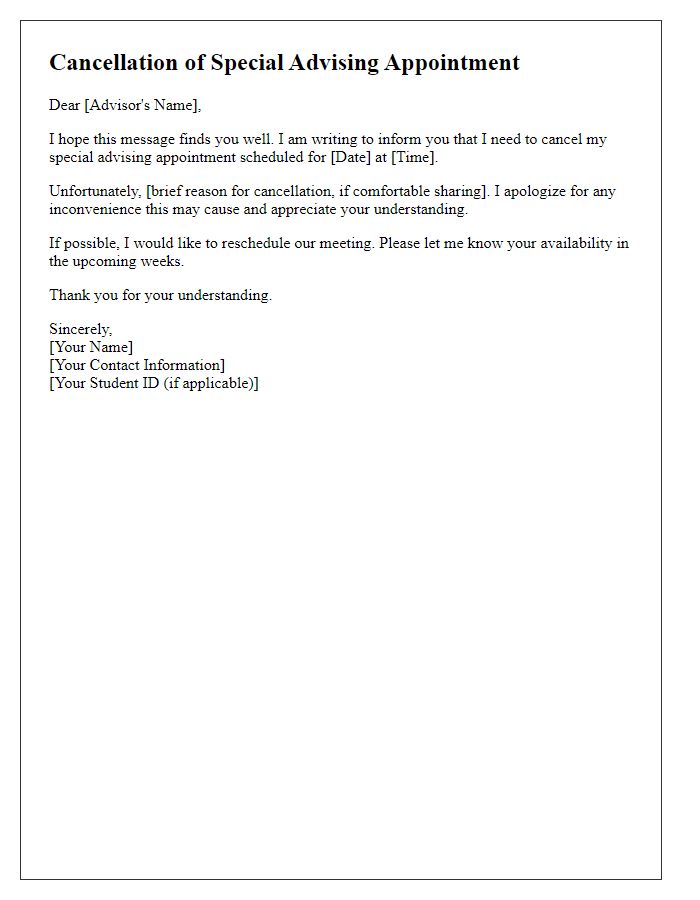 Letter template of cancellation for special advising appointment