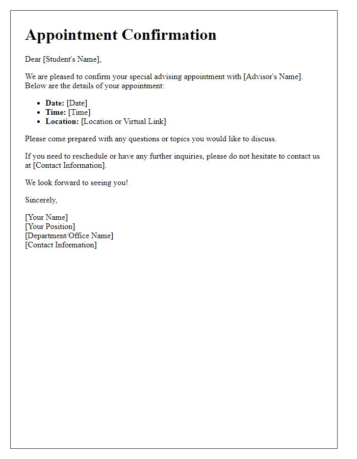 Letter template of confirmation for special advising appointment