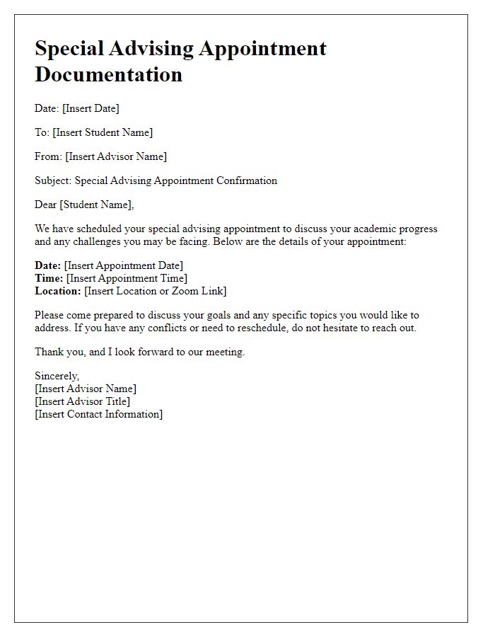 Letter template of documentation for special advising appointment