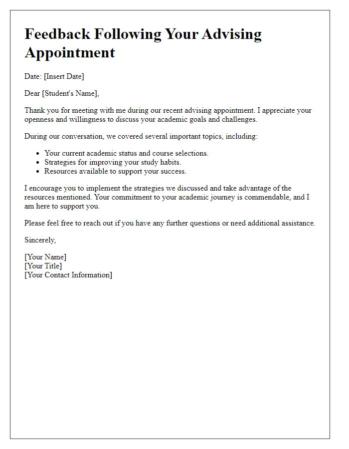 Letter template of feedback after special advising appointment