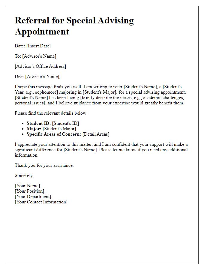 Letter template of referral for special advising appointment