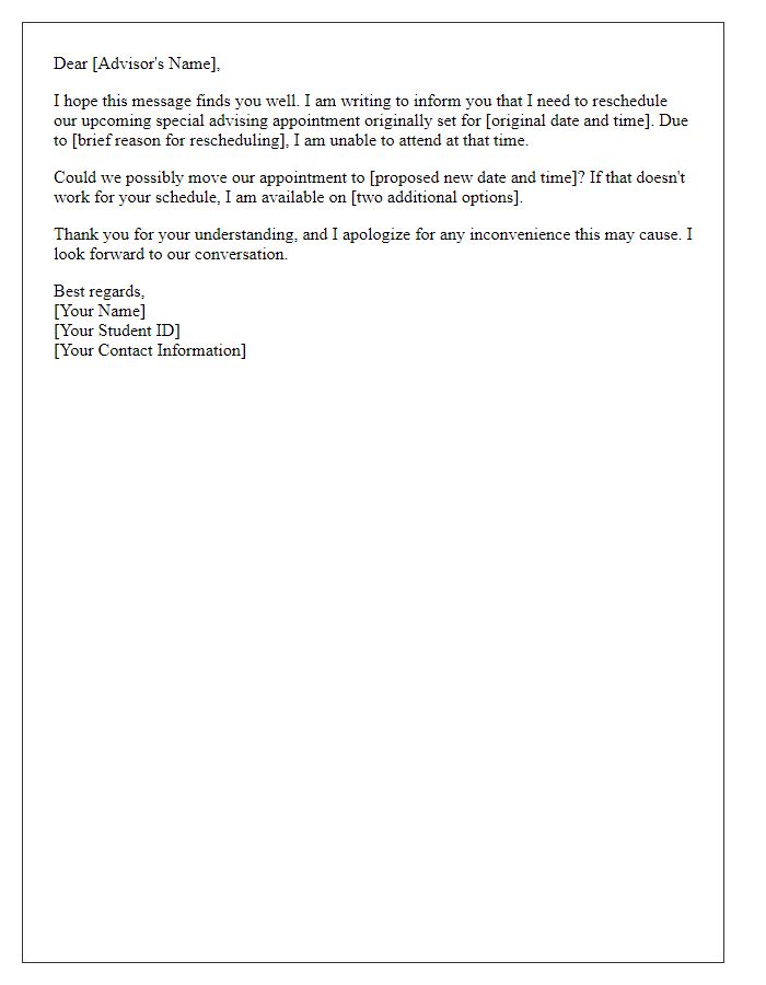 Letter template of rescheduling special advising appointment