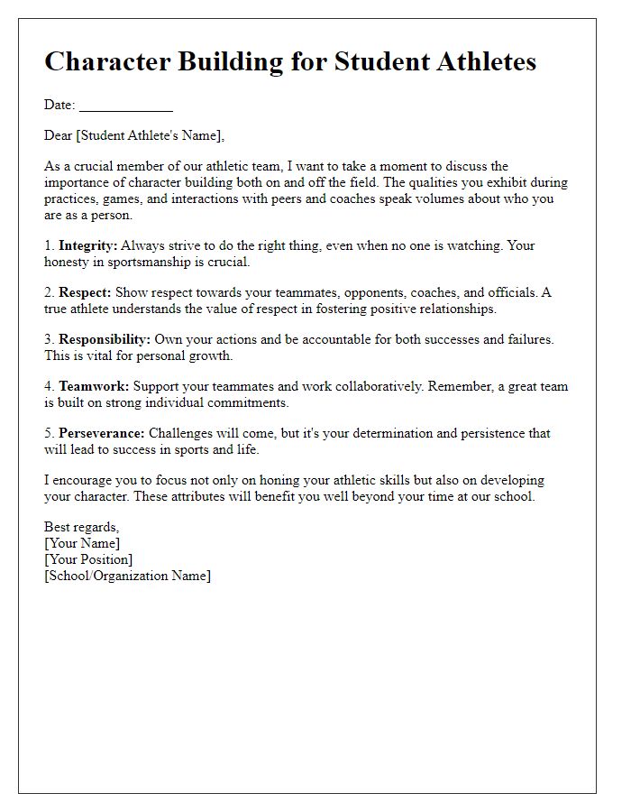 Letter template of character building for student athletes