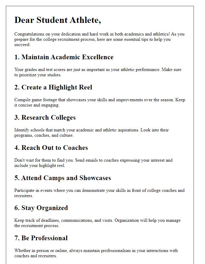 Letter template of college recruitment tips for student athletes