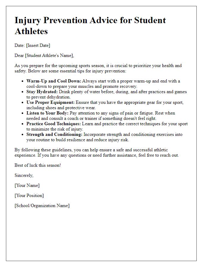 Letter template of injury prevention advice for student athletes