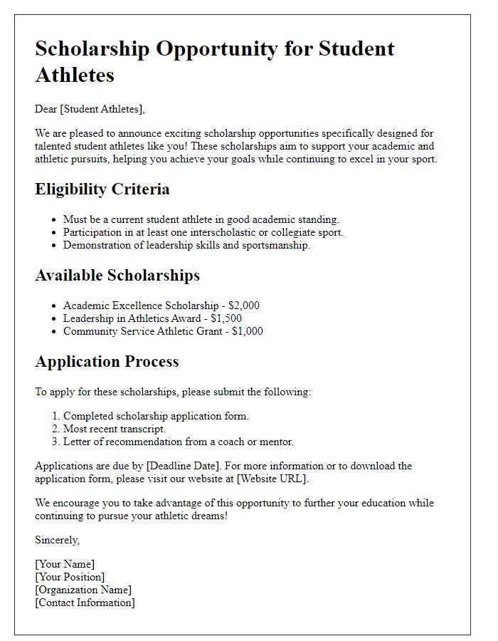 Letter template of scholarship opportunities for student athletes