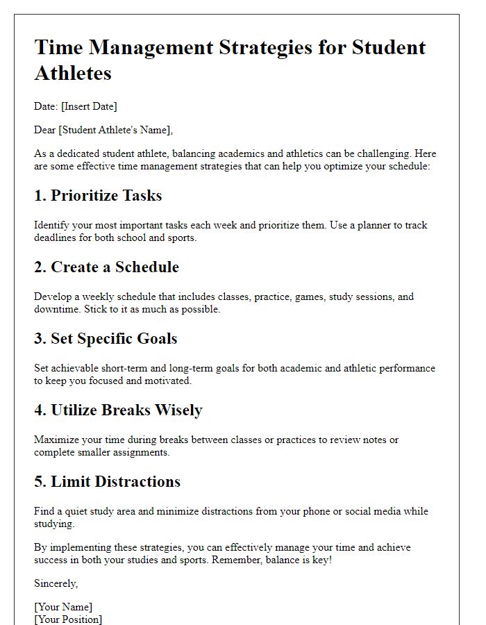 Letter template of time management strategies for student athletes