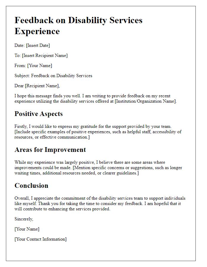 Letter template of feedback on disability services experience