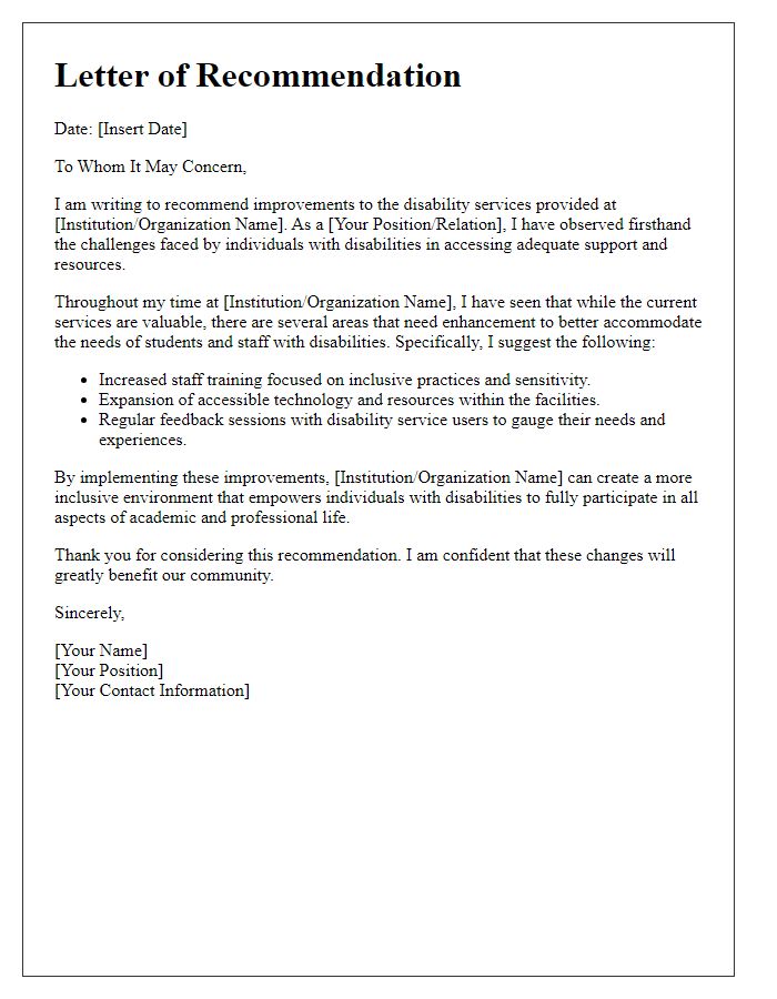 Letter template of recommendation for disability services improvement