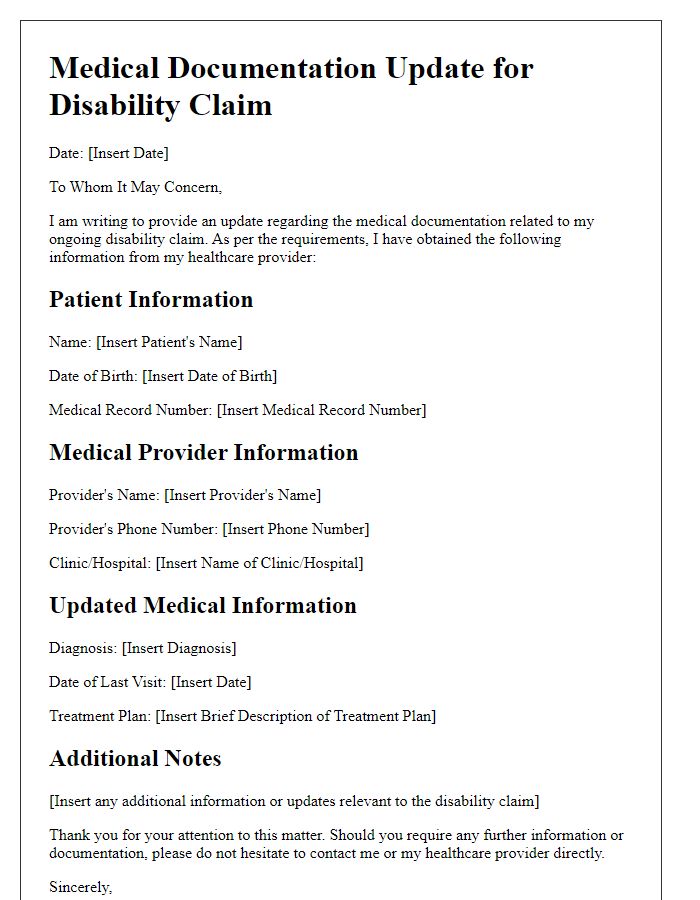 Letter template of update for medical documentation for disability