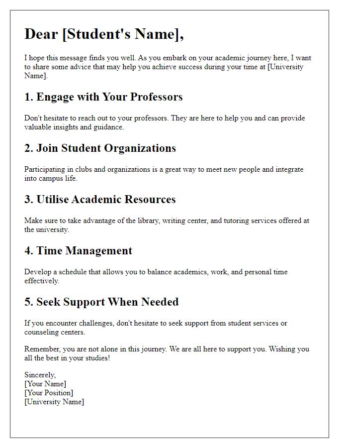 Letter template of advice for international student academic success.