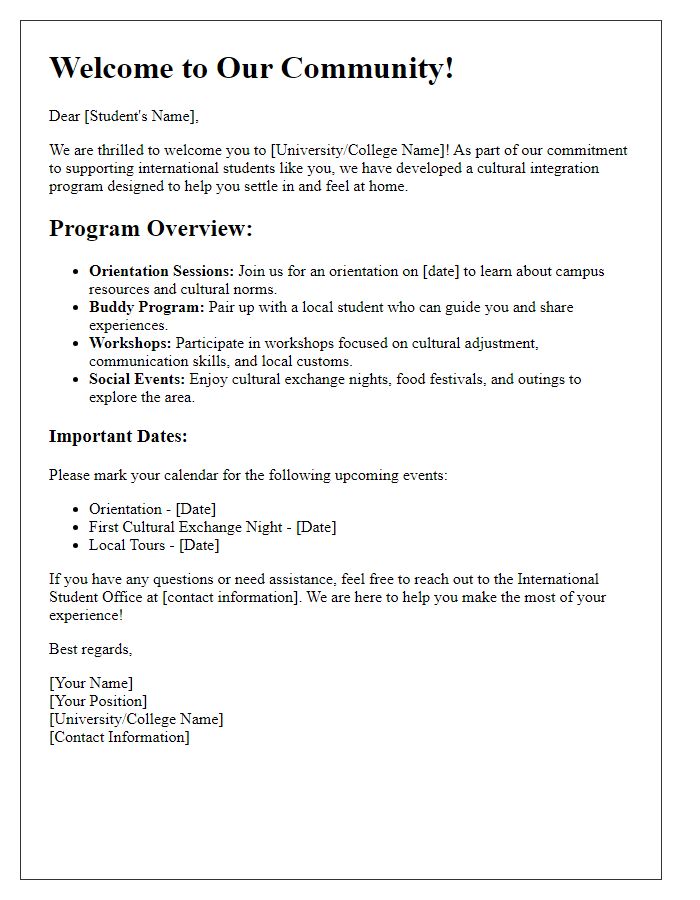 Letter template of information for international student cultural integration.