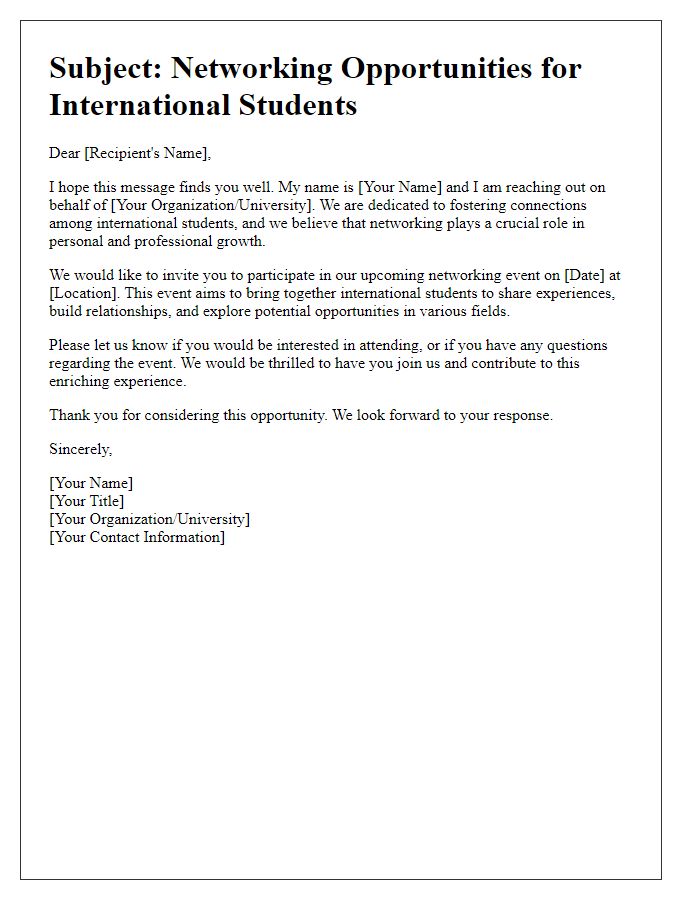 Letter template of outreach for international student networking opportunities.