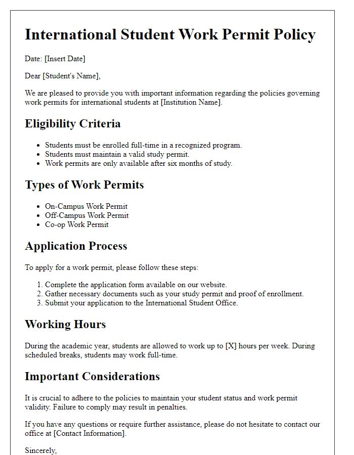 Letter template of policies for international student work permits.