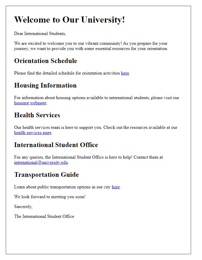 Letter template of resources for international student orientation.