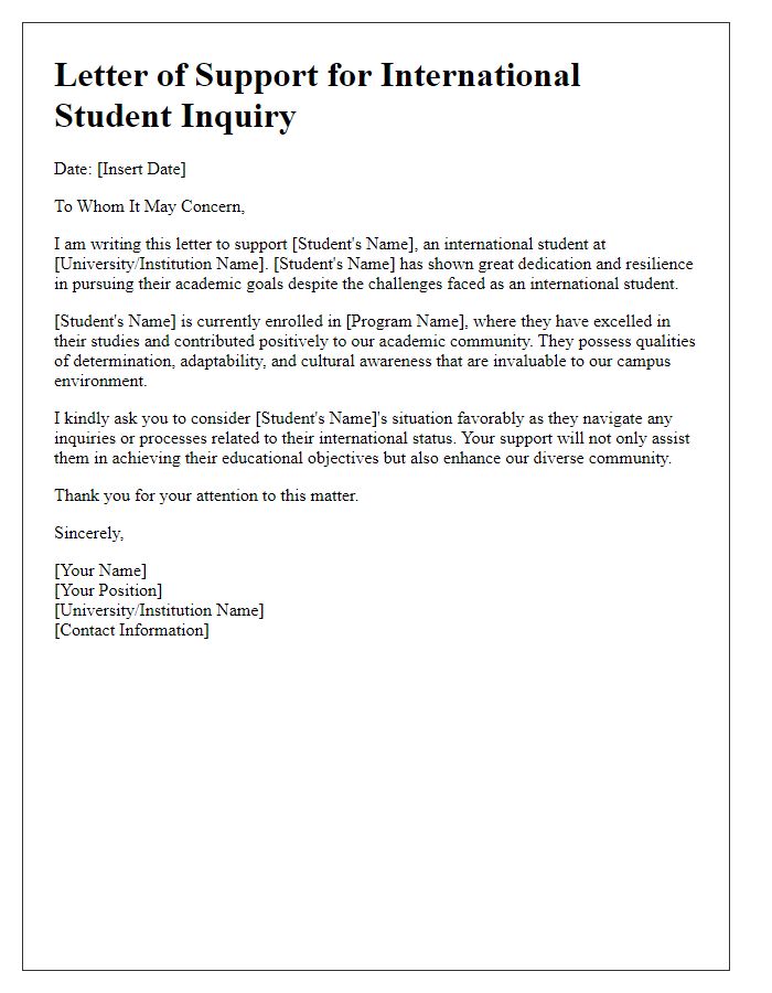 Letter template of support for international student inquiries.