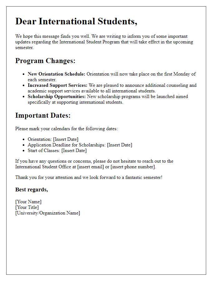 Letter template of updates for international student program changes.