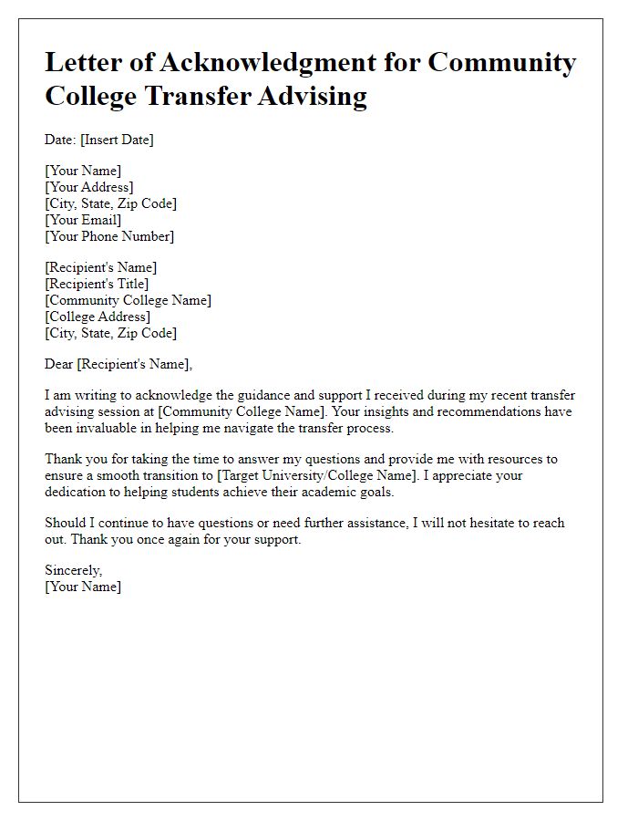 Letter template of acknowledgment for community college transfer advising