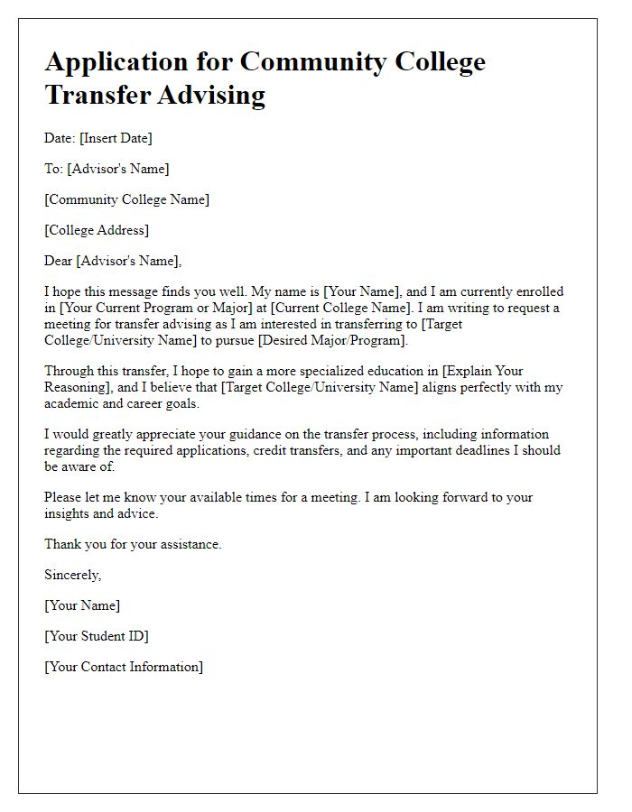 Letter template of application for community college transfer advising