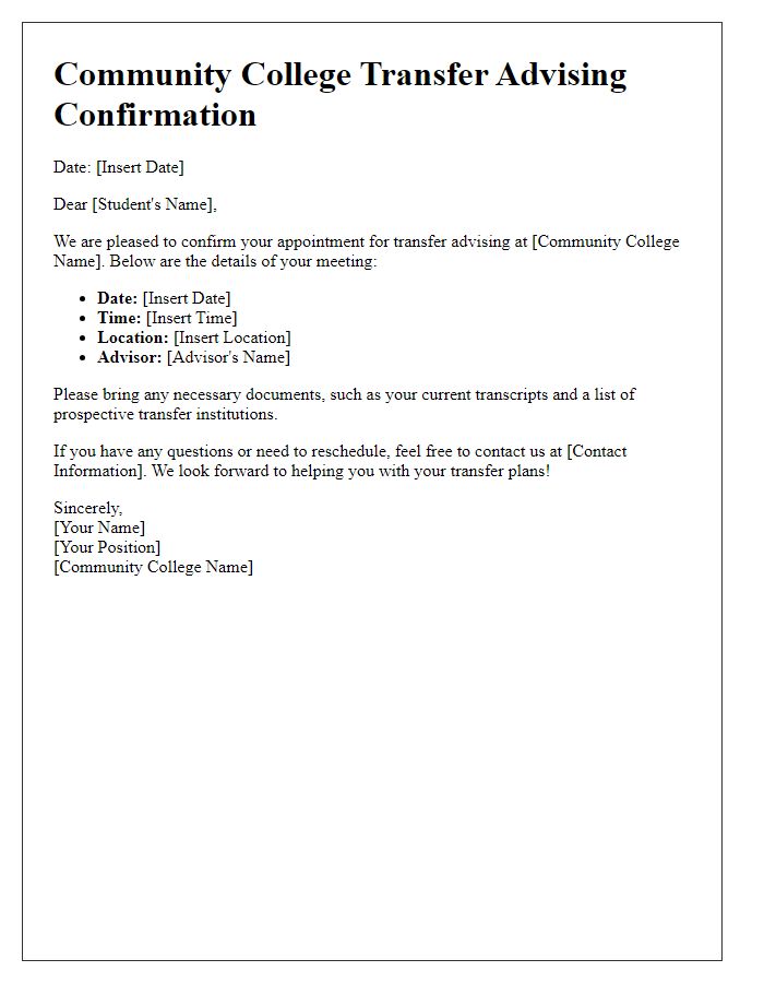 Letter template of confirmation for community college transfer advising