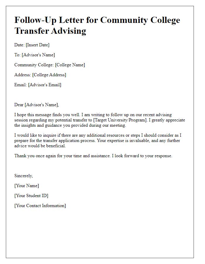 Letter template of follow-up for community college transfer advising