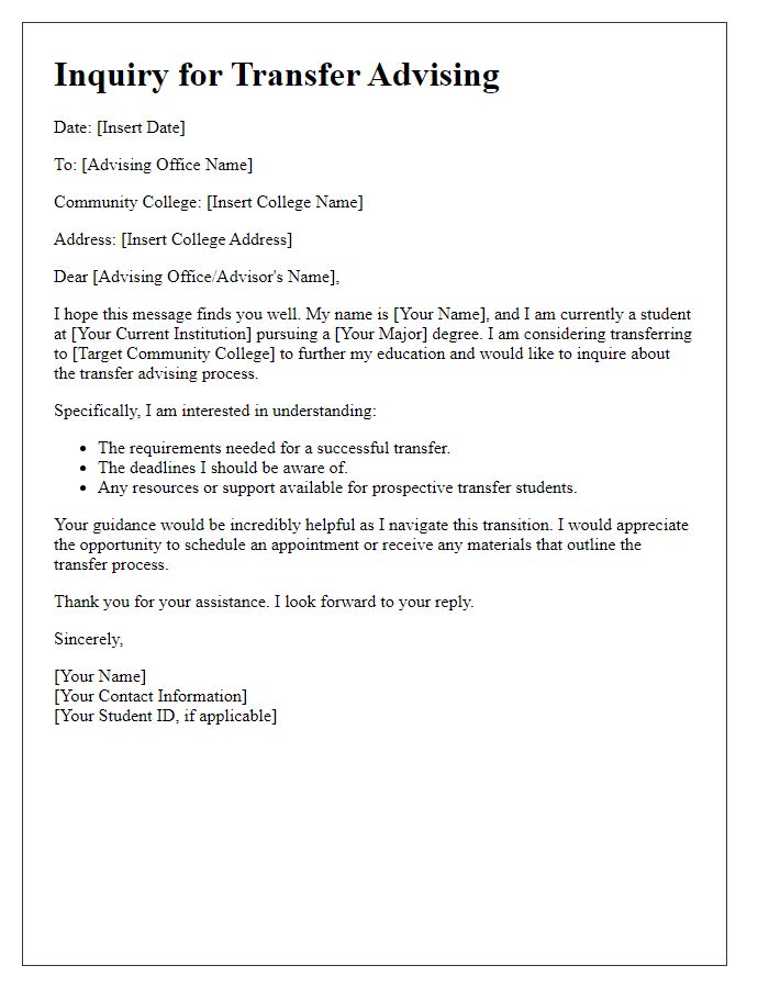 Letter template of inquiry for community college transfer advising