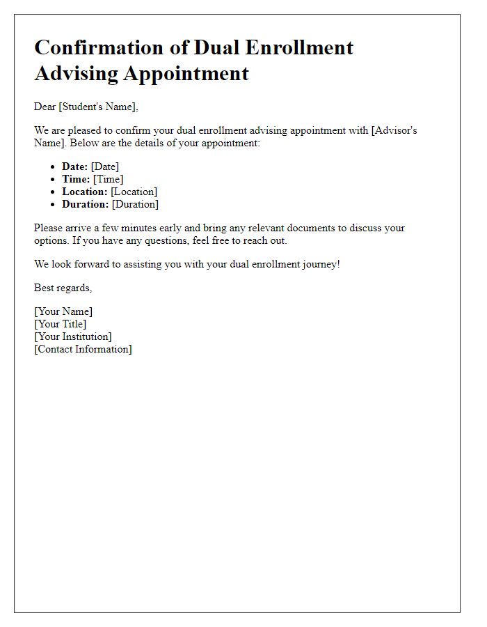 Letter template of confirmation for dual enrollment advising appointment.