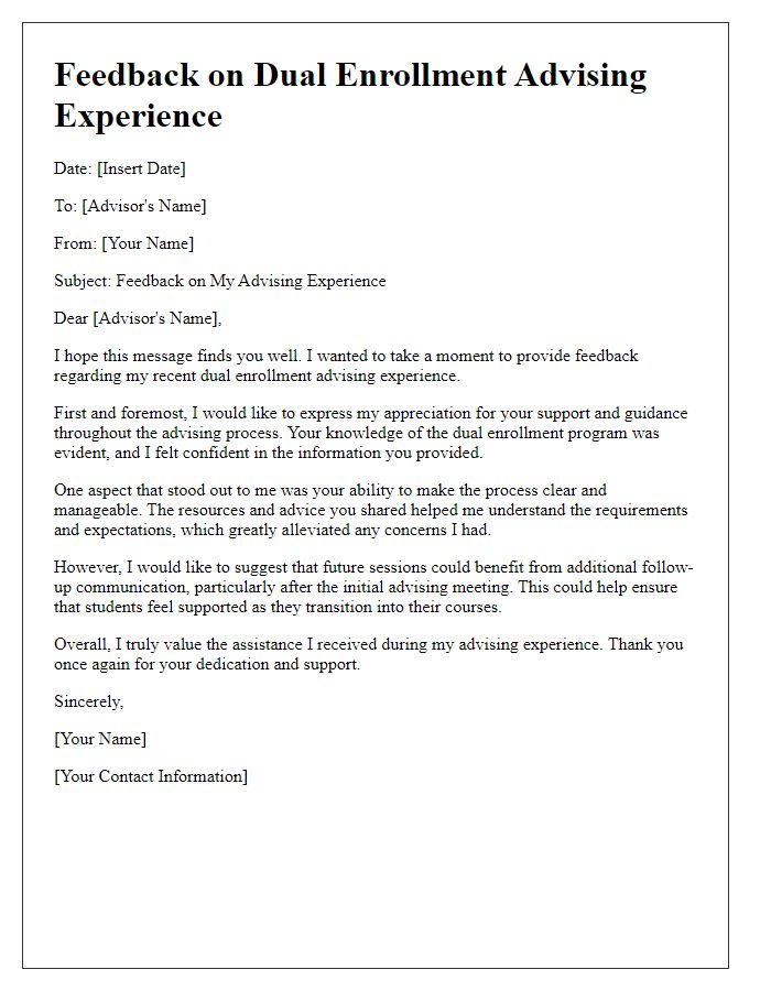 Letter template of feedback on dual enrollment advising experience.